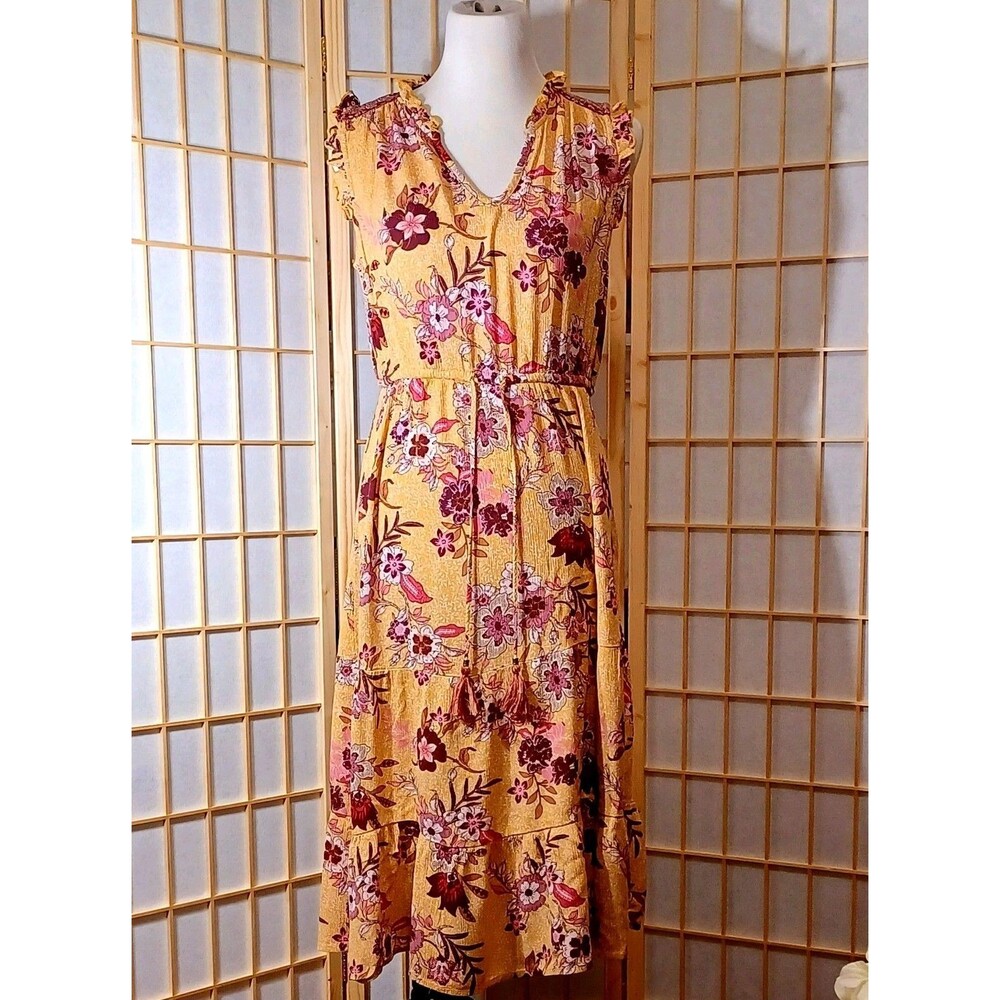 Knox Rose Women's Bohemian Yellow Floral Tiered Midi Dress Size Med - Picture 2 of 8